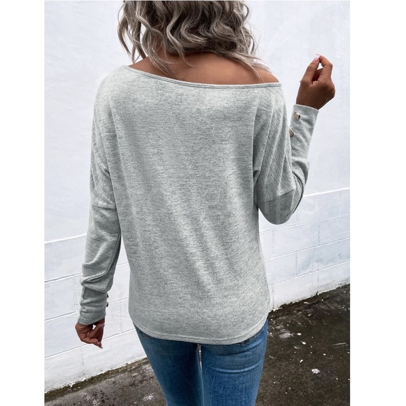 One Cold Shoulder Asymmetric Boat Neck Grey Long Sleeve Tee Shirt - Picture 4 of 9